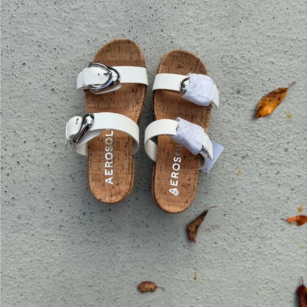 AEROSOLES White Cork Slide Sandals with Shiny Silver Buckles - Picture 2 of 10